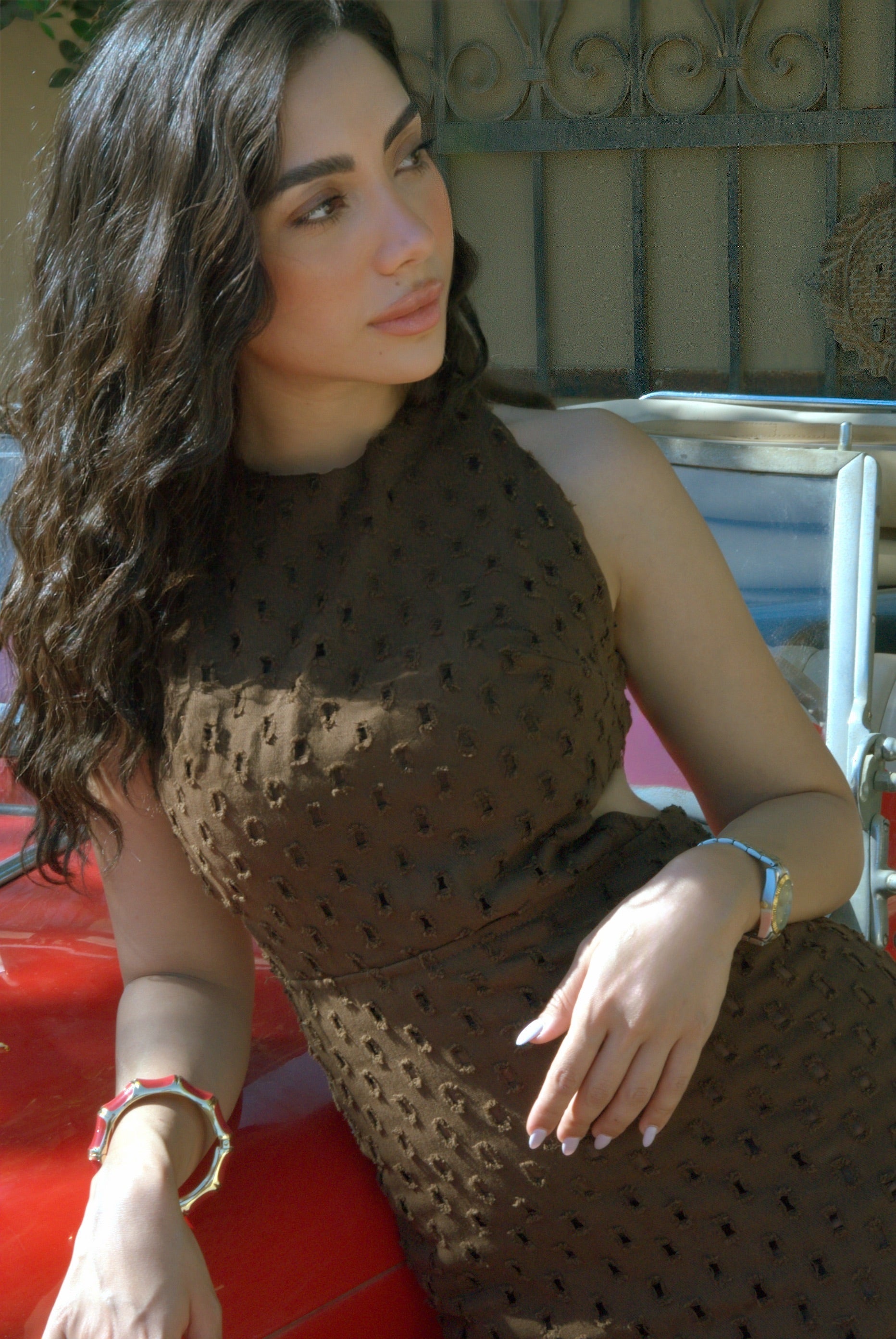 textured chocolate slit dress