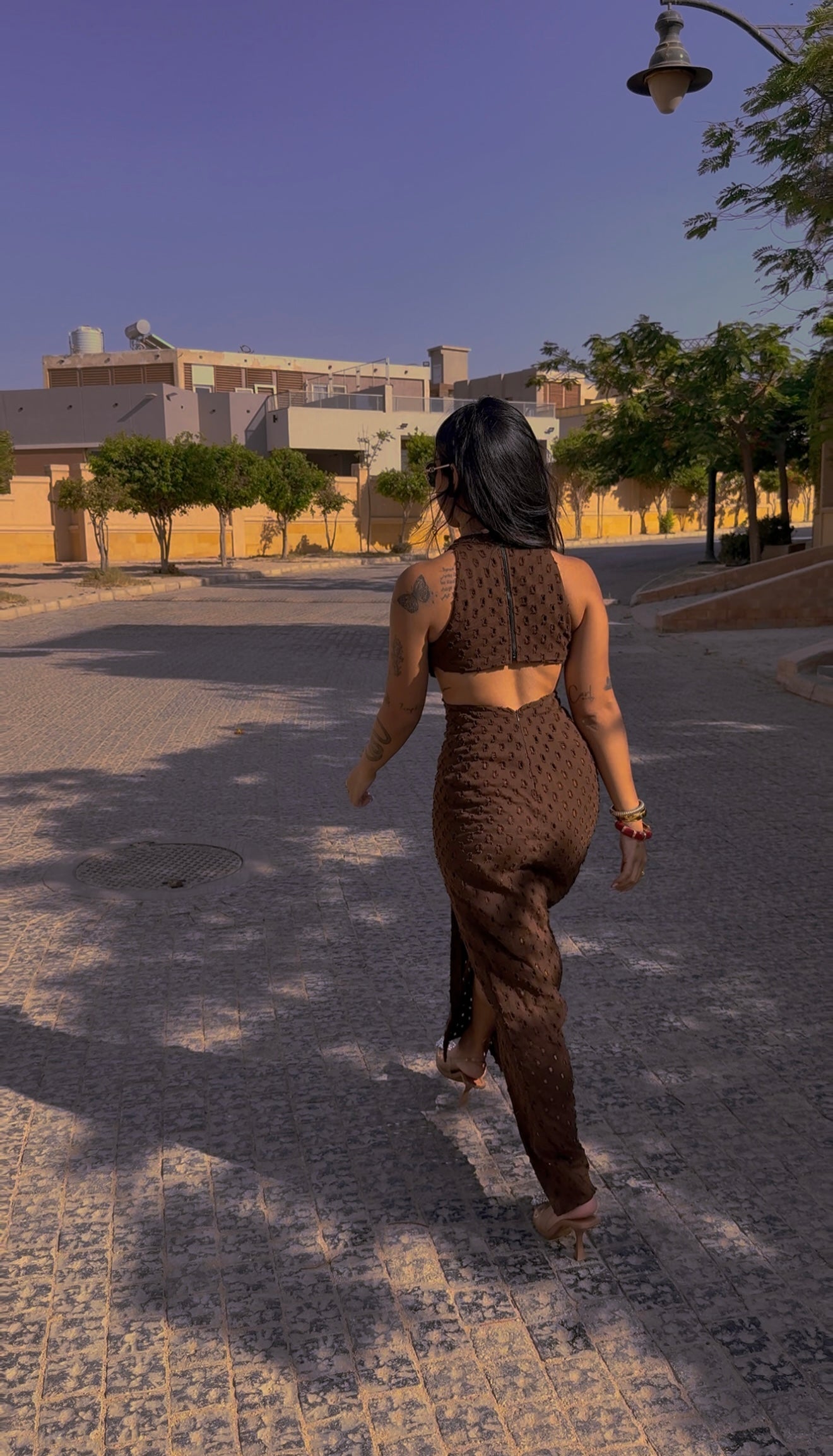 textured chocolate slit dress
